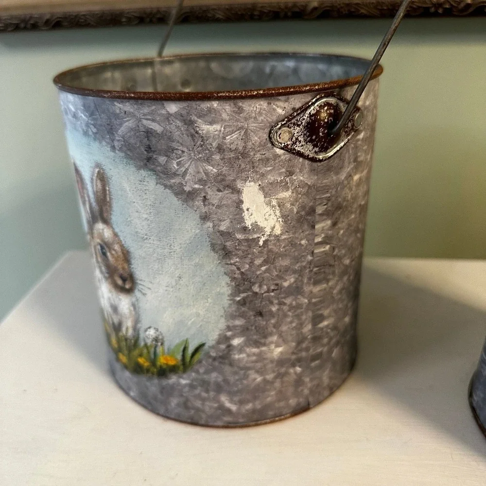 Set of two tin Easter spring decor Primitives by Kathy buckets